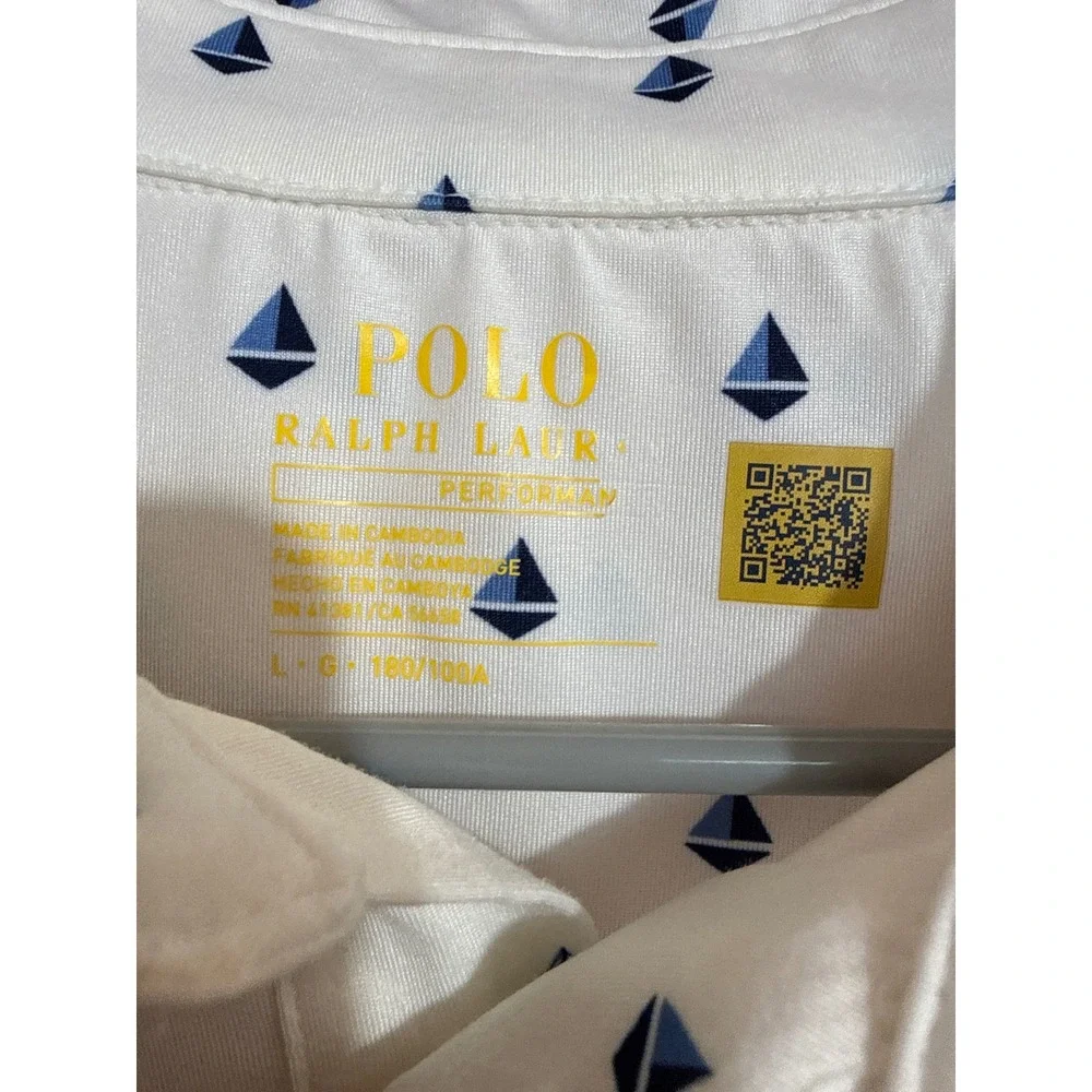 Polo Ralph Lauren Mens Performance Sailboat Print Polo Shirt White Blue Large